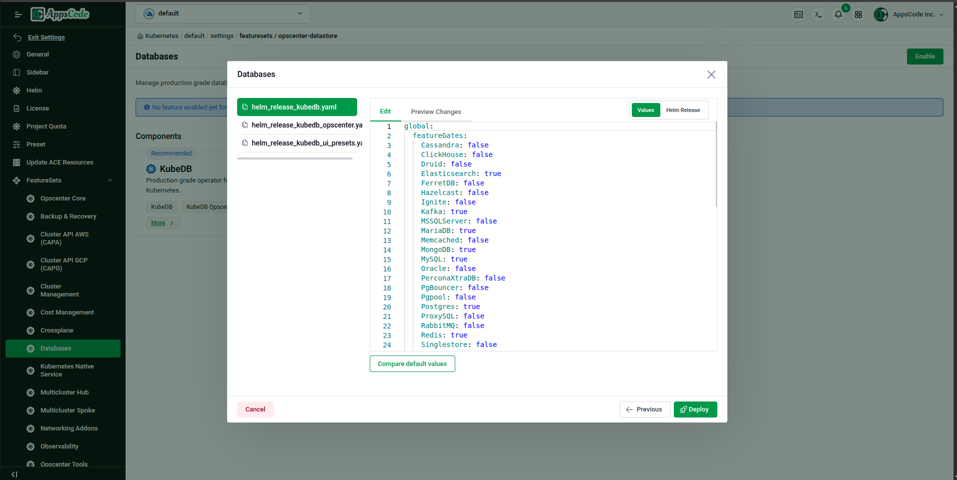 Databases Values preview — featureGates YAML showing enabled database types