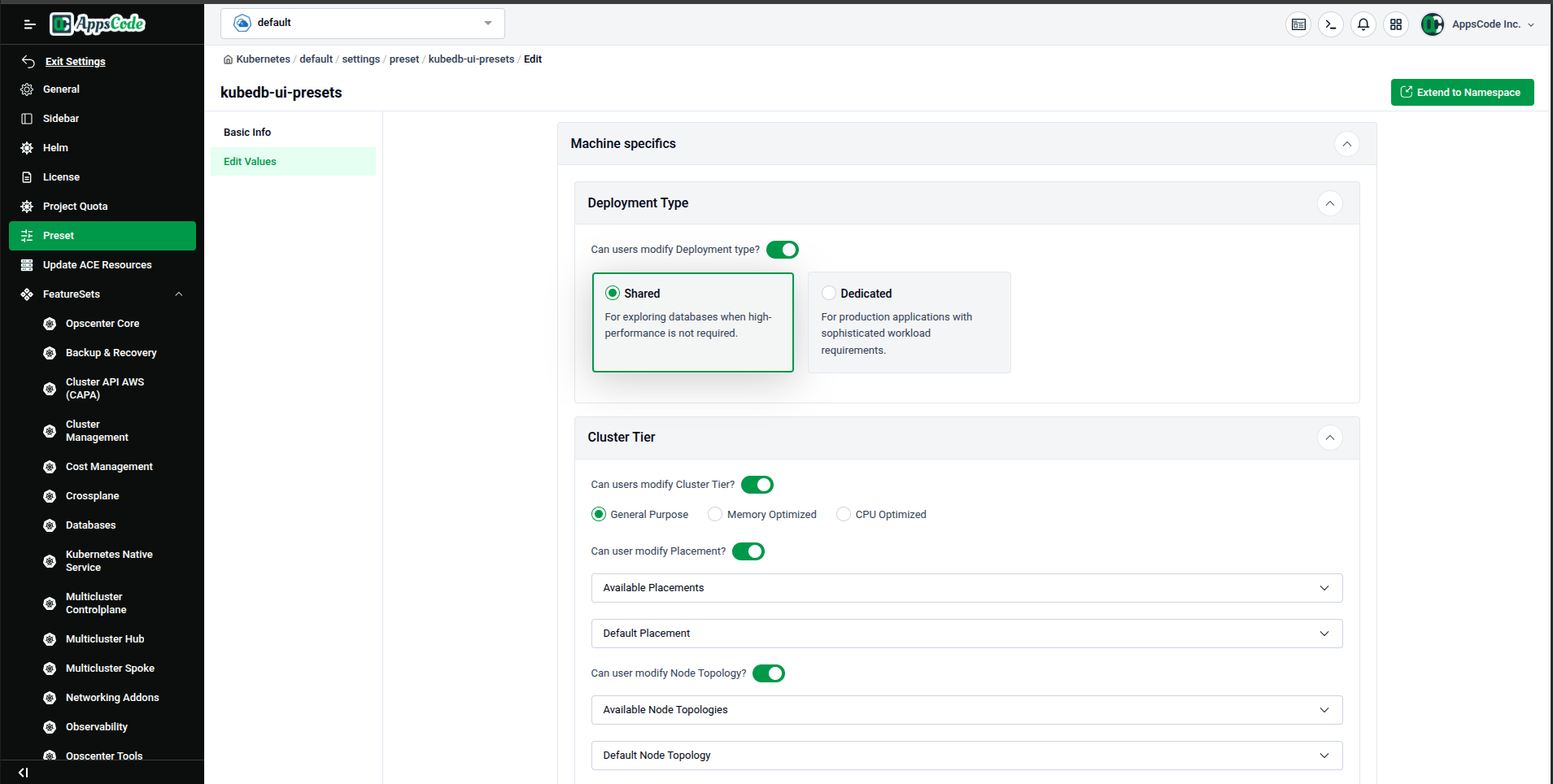 Machine Specifics — configuring Deployment Type and Cluster Tier defaults