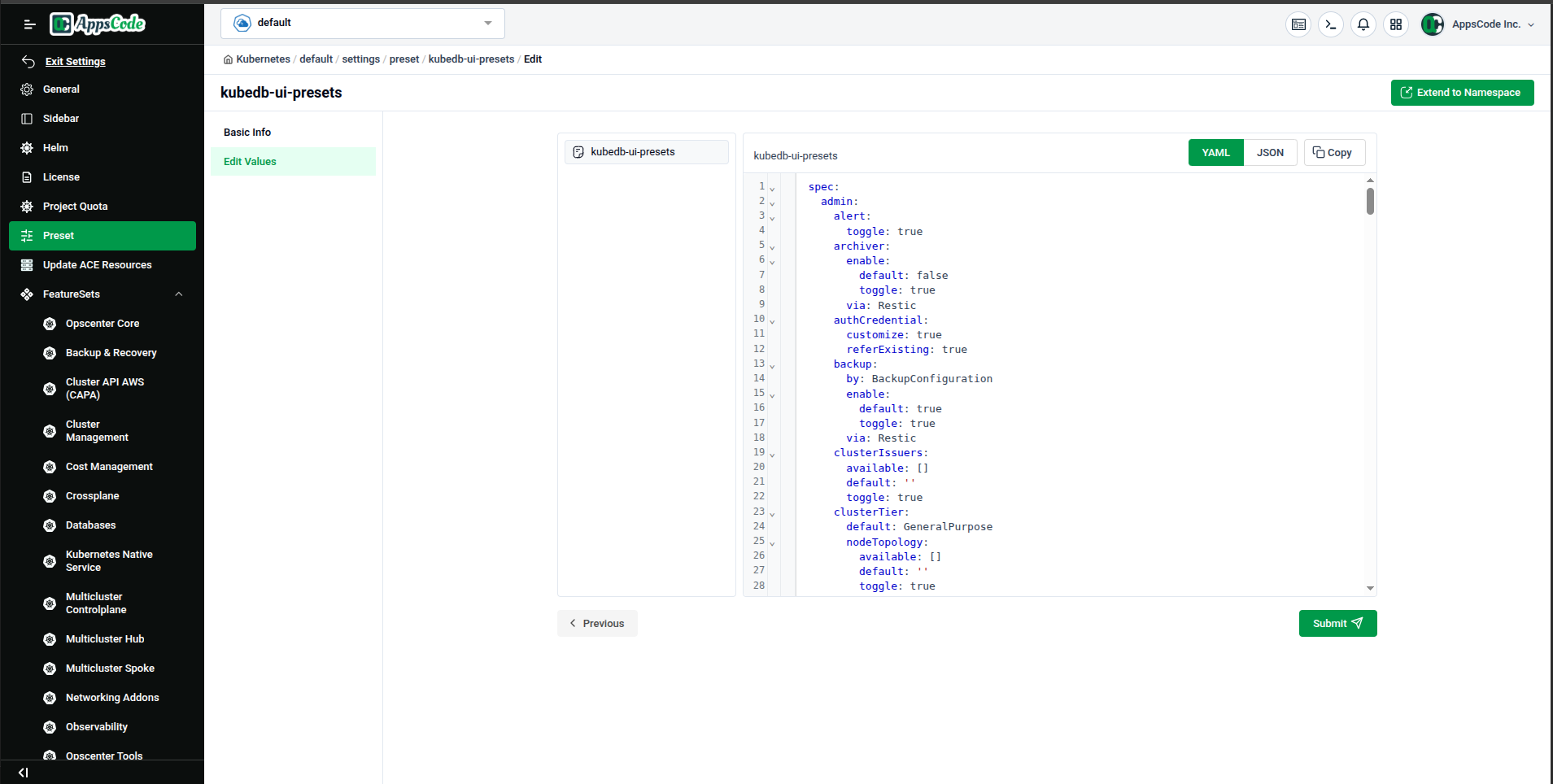 KubeDB Preset Preview — reviewing the final YAML before submission