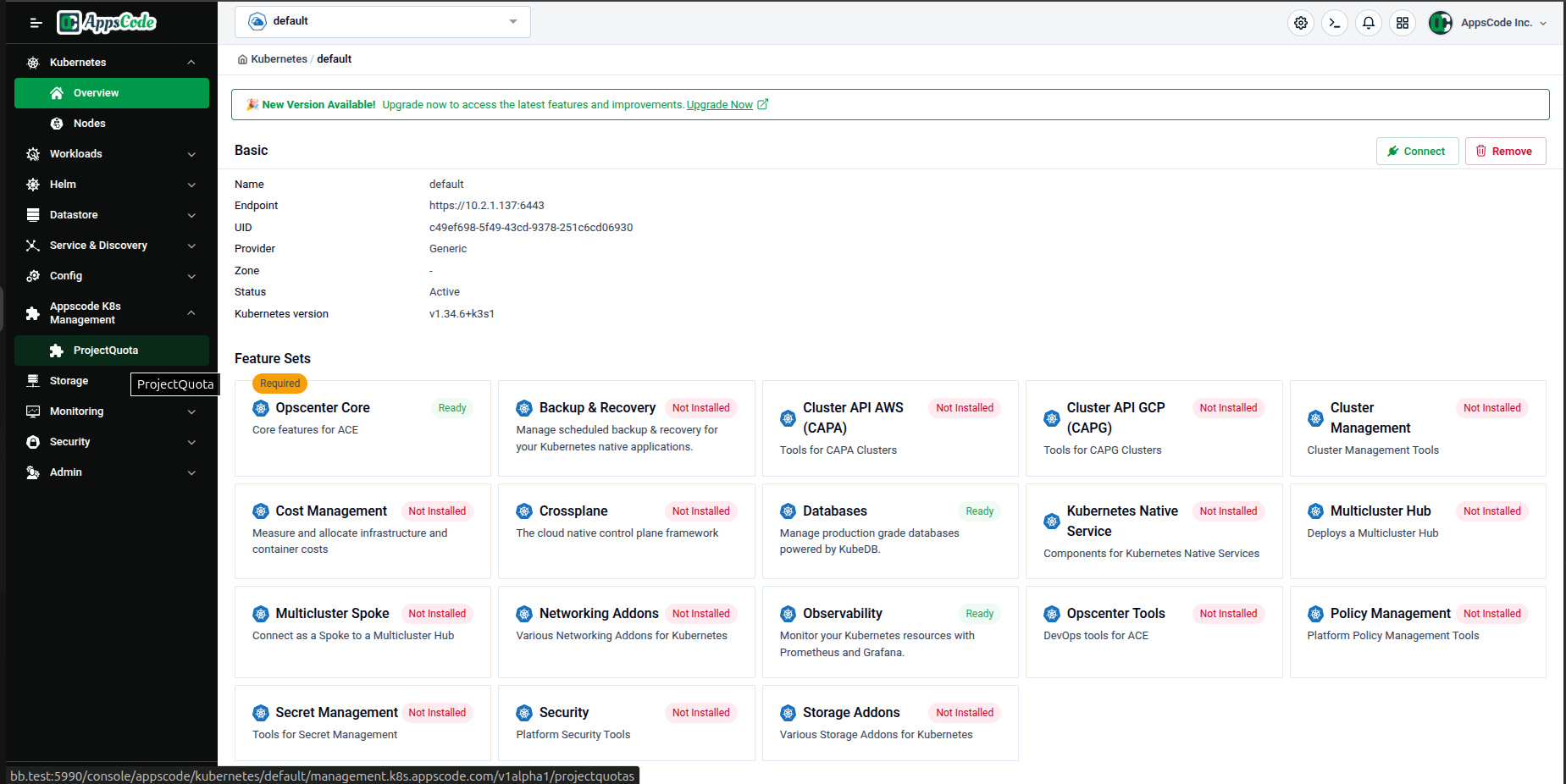 The Cluster Overview page after saving — the sidebar now shows ProjectQuota under Appscode K8s Management