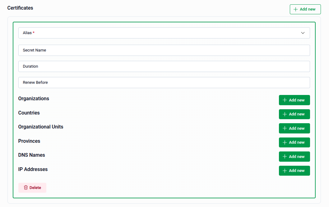Certificates panel showing an empty certificate entry with all available fields